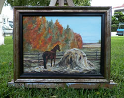 Original Painting of Horse in Field and a Bale of Hay